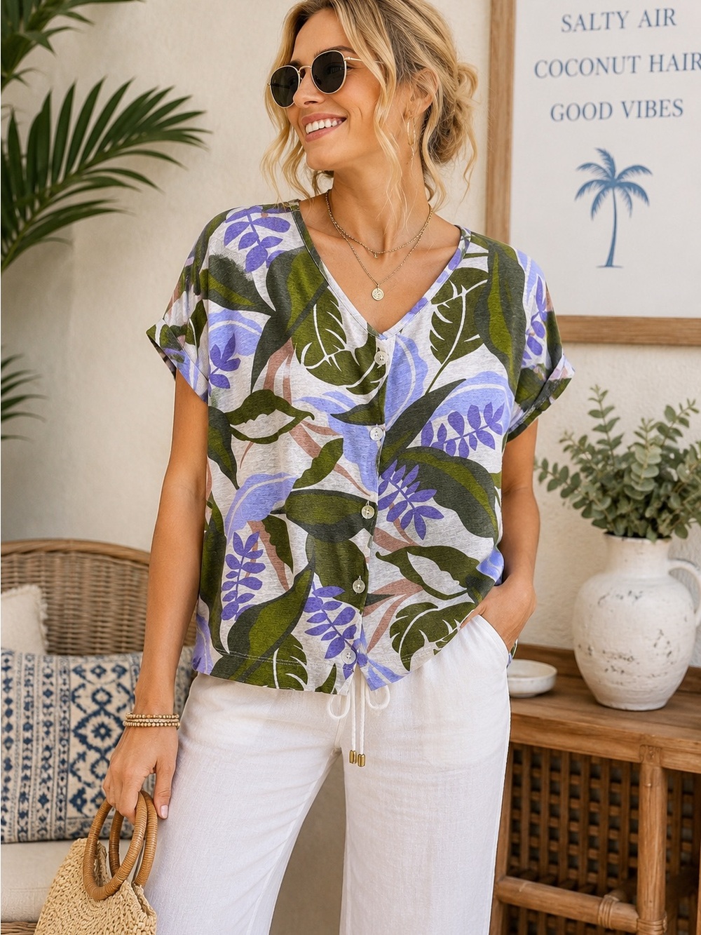 100% Linen Tropical Leaf Print Button Front Top Women’s M Coastal Resort